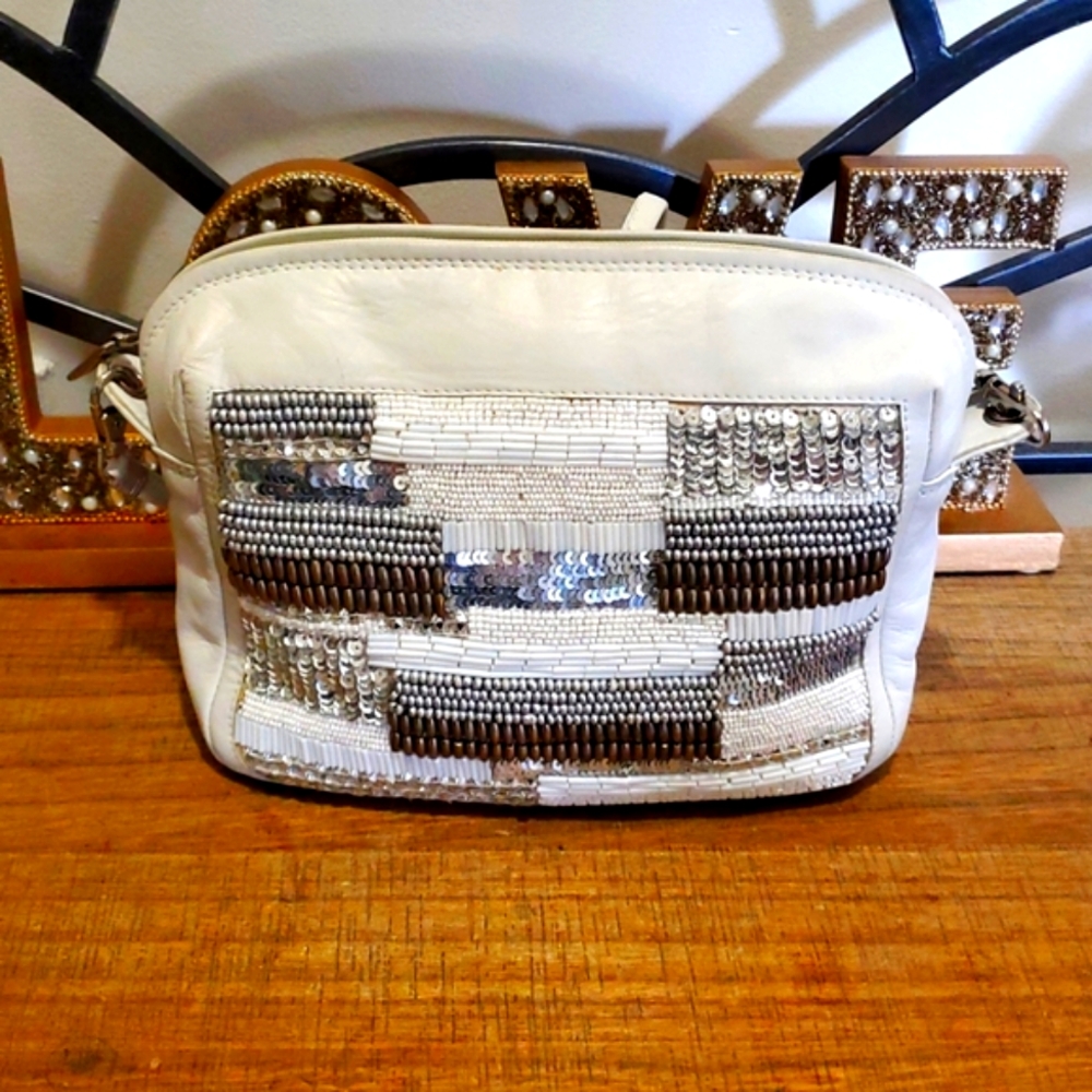 Donald J. Pliner White and Silver Made In Spain Vintage White Crossbody Bag